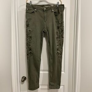 Seven7 Skinny Jeans Womens 16 Dusty Olive Green Embroidered Floral Pants Stretch